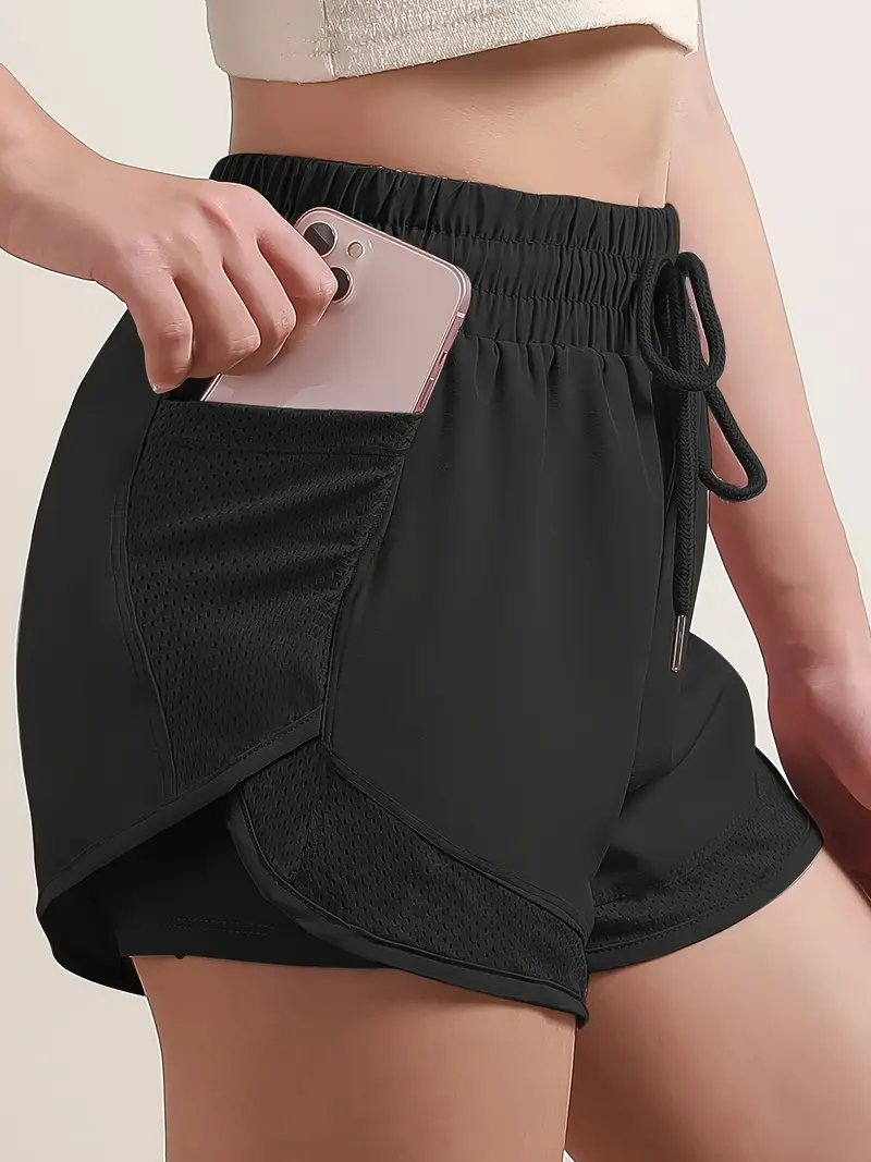 womens 2 in 1 shorts dry mesh pockets elastic waistband drawstring comfortable fitness gym workout shorts details 9