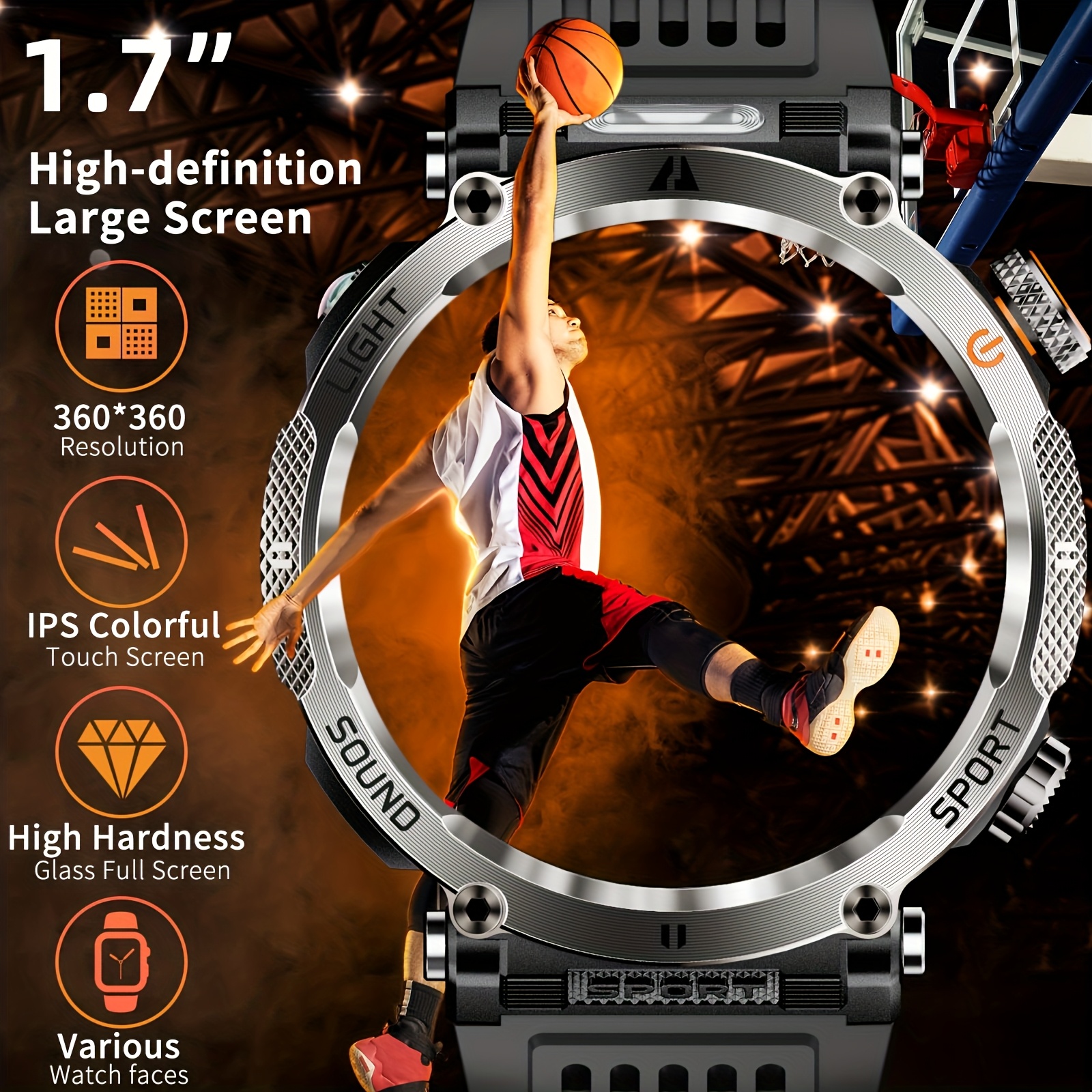 Montre Connectée de Sport d'Extérieur 1.7 pouces, Convient aux Hommes, Supporte Wireless 5.0, Écran IPS 360P, Boîtier en Alliage, en Silicone, Batterie Rechargeable 600Mah, Plus de 100 Modes Sportifs, Boussole, Fonction de Conversation, Chargement USB, Super Lampe Torche