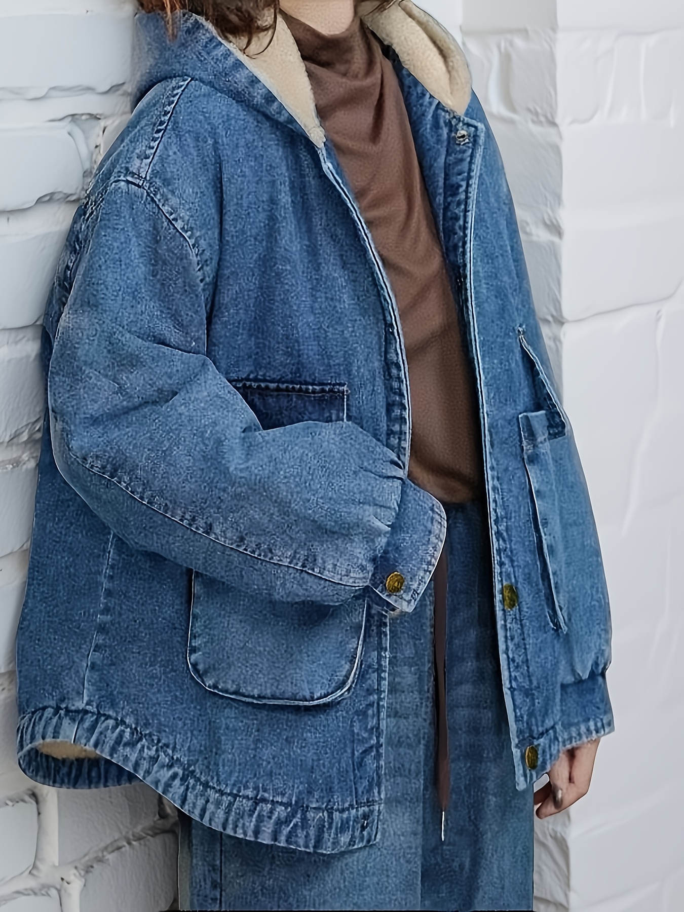 womens oversized denim jacket hood collar heavy duty winter Temu