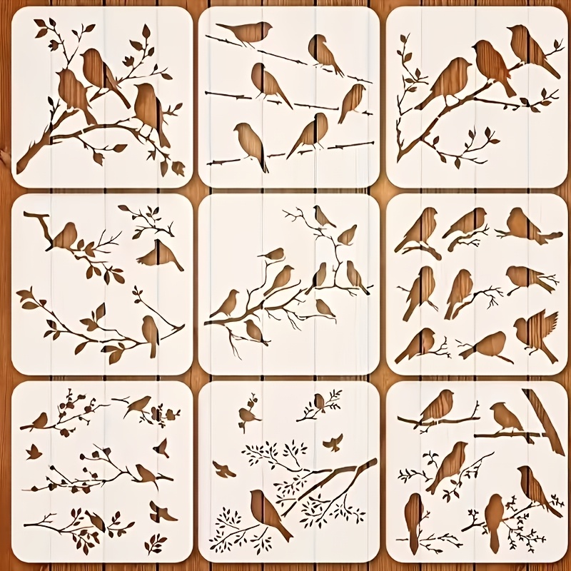 E-shop 9 Wiederverwendbare Vogel- und Ast-Schablonen | 10*10 cm - für Basteln, Stoff, Leinwand, Scrapbooking, Wände, Möbel und Wohnkultur - Vielseitige