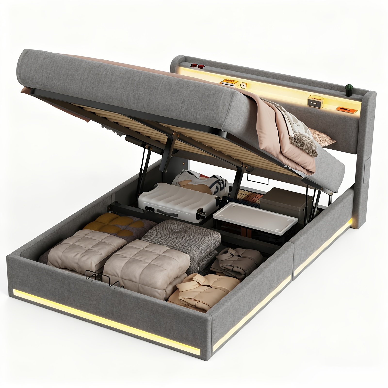 140x200cm Modern Bed Frame With Hydraulic Storage Headboard & Ottoman Base, Suitable For Bedrooms, Mechanism, Space-, (no Mattress Included) - White Bed Platform