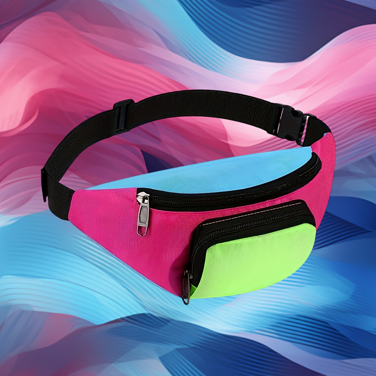 TEMU 1pc Unisex Vintage 80s Neon Light Waist Bag - Adjustable Nylon Belt Bag With 3 Pockets, Zipper Closure, Durable, Suitable For Travel, Festivals,