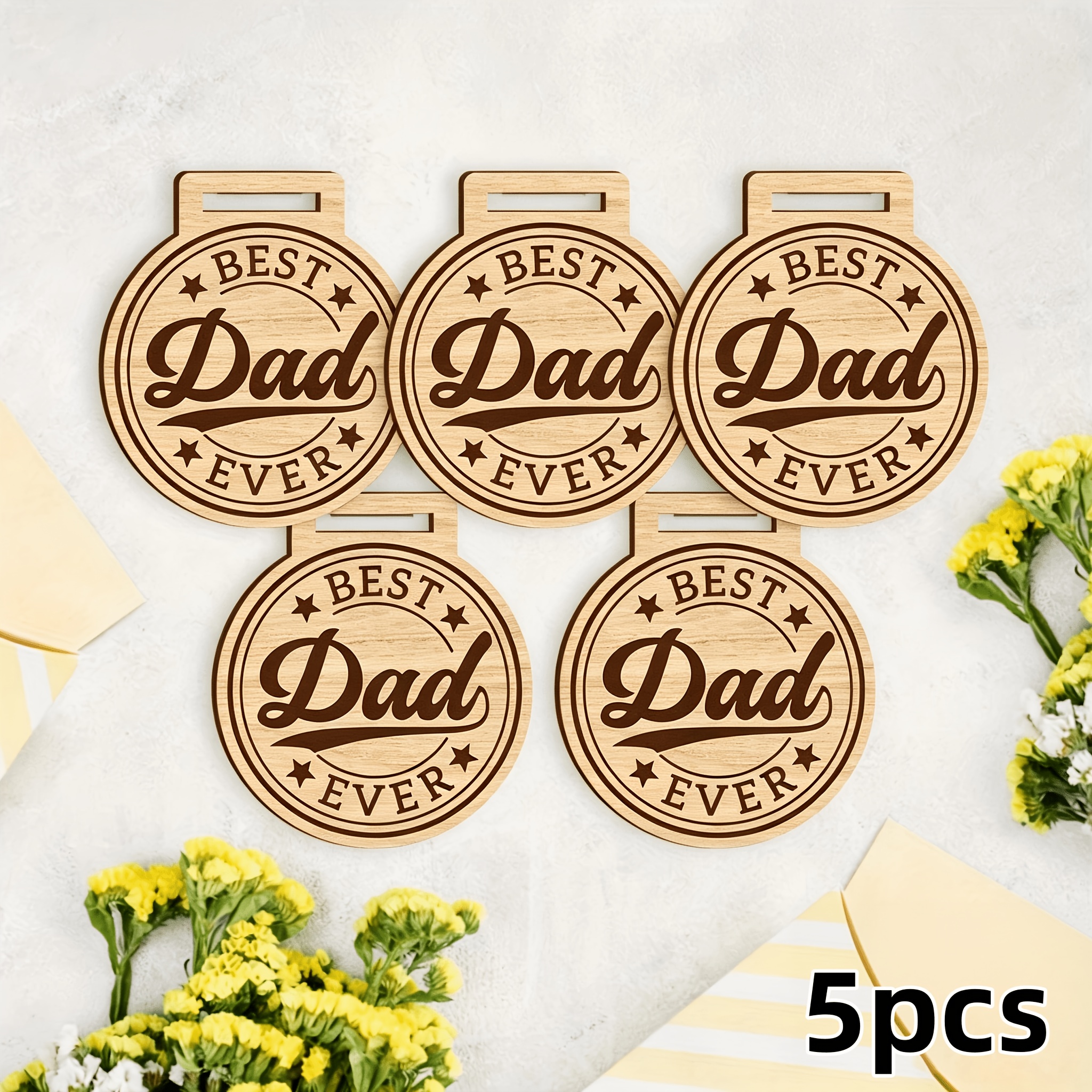 TEMU 2d Flat 5pcs Medal Shaped Wooden Ornament Set Engraved With Best Dad Ever And Pattern, Natural Wood Cutouts With Hanging Rope, Father's Day