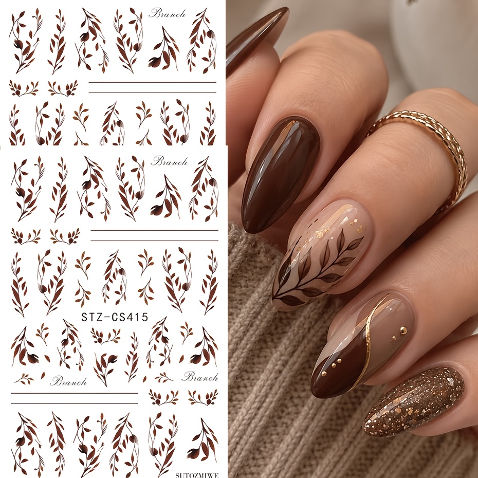 TEMU 2 stuks Elegante Nagelkunst Stickers - Bruine Vintage Nagelstickers Zelfklevende Glanzende Stickers Glitter Herfst Nagelkunst voor Vrouwen