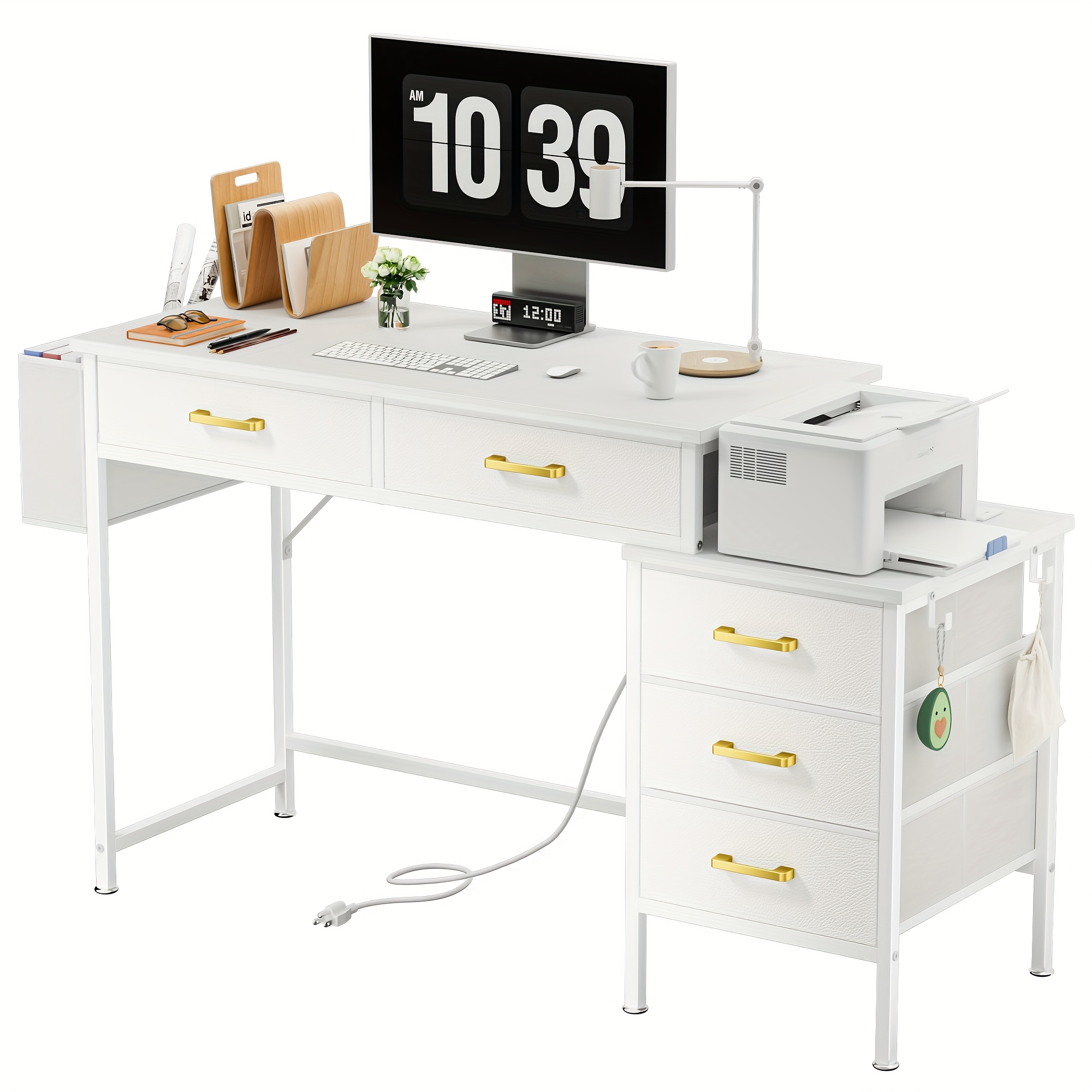 White Desk With 5 Drawers, Gaming Desk, Computer Desk For Home Office (130x45x78cm)