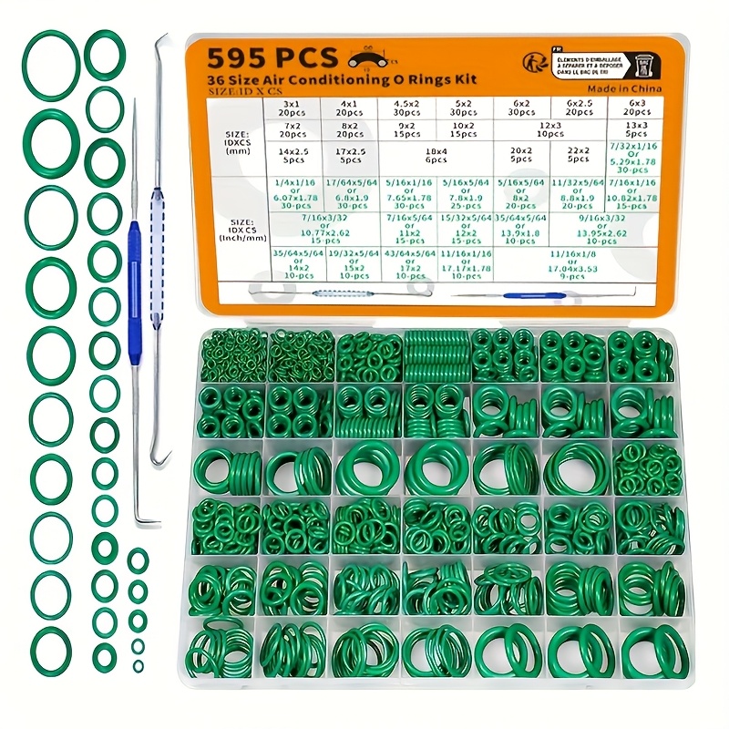 

595pcs O-rings Assortment Kit, Sae & Metric Sizes, Synthetic Rubber, 70a Durometer, Round Section, For Car A/ & Plumbing Faucet Seal Repair With Pick & Hook Tools - Green