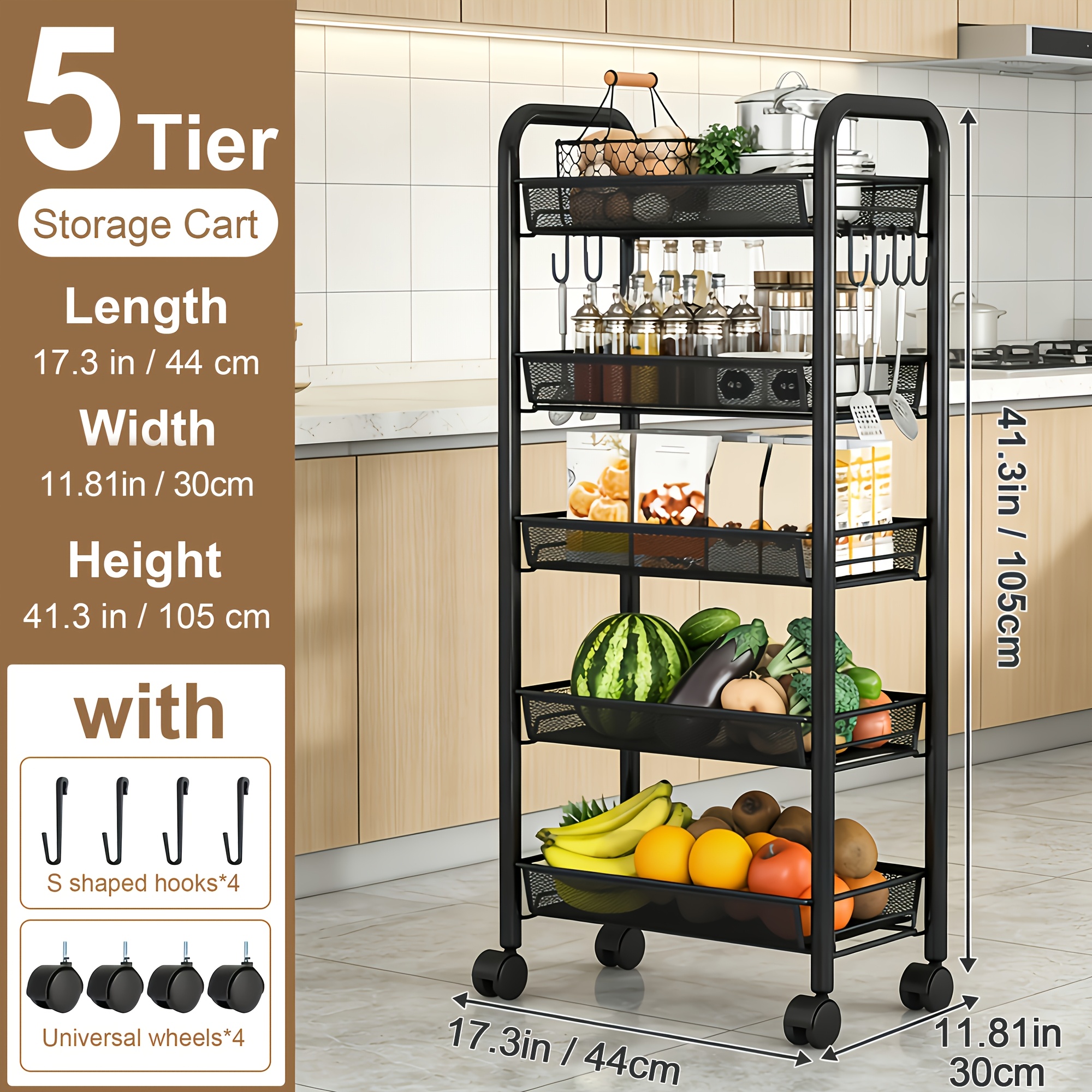 TEMU 1pc 3/4/5 Tier Swivel Kitchen Storage Cart - Durable Carbon Steel Storage Rack With 360 Degree Swivel Wheels And Mesh Basket, Space-saving