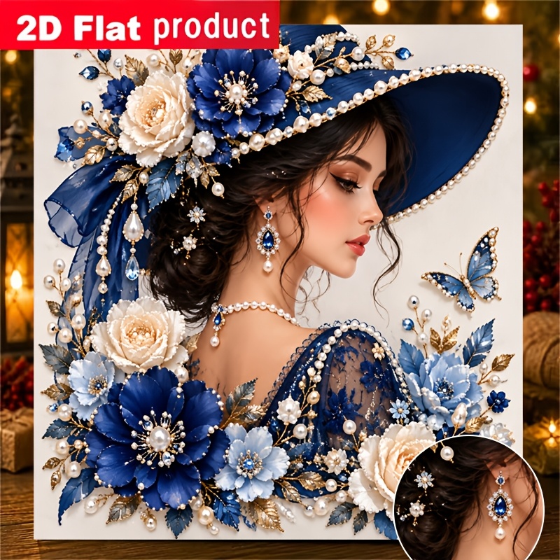 TEMU Nouveau Kit de Peinture Diamant Perle Colorée, Chapeau Bleu Incliné Élégant et Fleurs Épanouies, Peinture Diamant Beauté , Convient aux