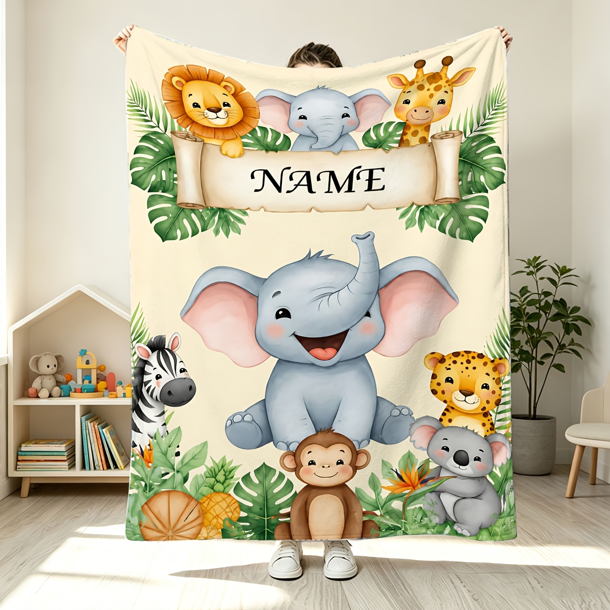 Custom Name Jungle Elephant Flannel Blanket, All-Season