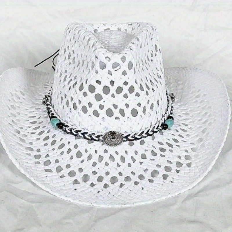 Straw Cowgirl Hat Woven Hollow Out Wide Brim Sun Hat with Chin Strap BadPiggies Straw Cowboy Hat for Men Women Cowgirl Woven Sun  main image 4