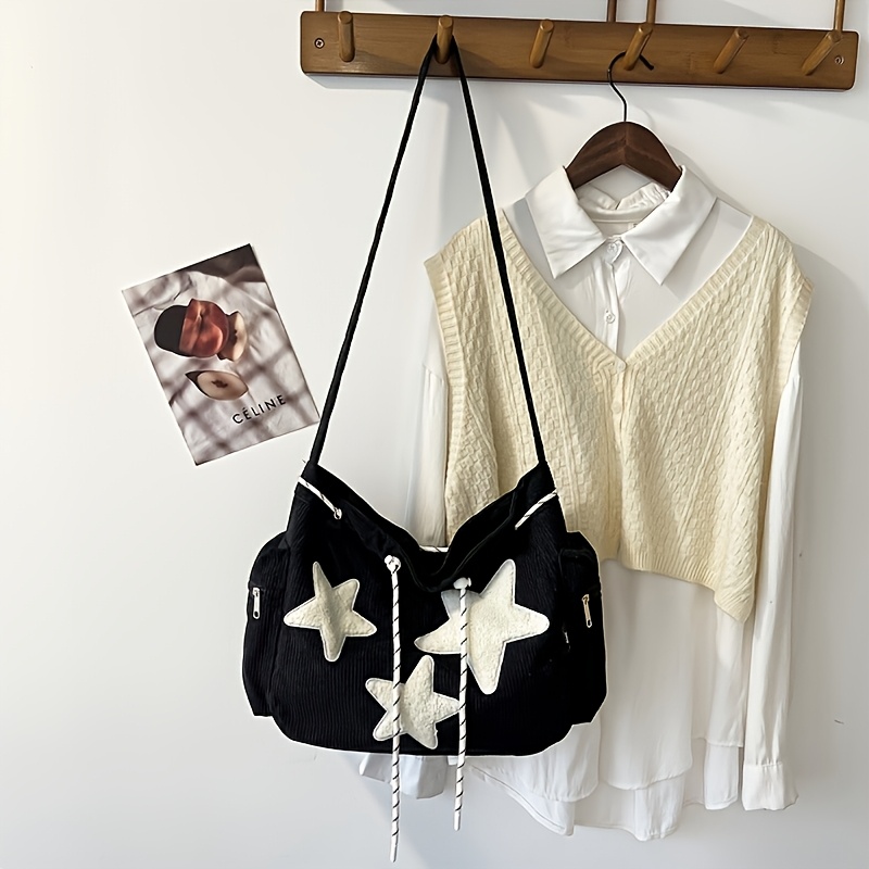 TEMU 1 pièce Sac à bandoulière unique pour femme en velours côtelé de grande capacité avec un motif étoile à branches haut de gamme, sac bandoulière