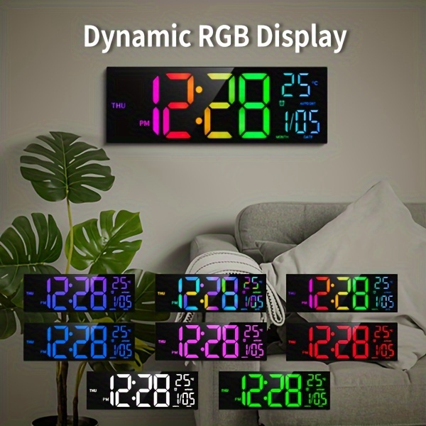 grande horloge murale 16 pouces avec télécommande sans fil affichage 8 couleurs vibrantes température date d'été automatique luminosité réglable utilisation intérieure et extérieure idéale pour la maison bureau salle de classe horloge pour salon détails 1