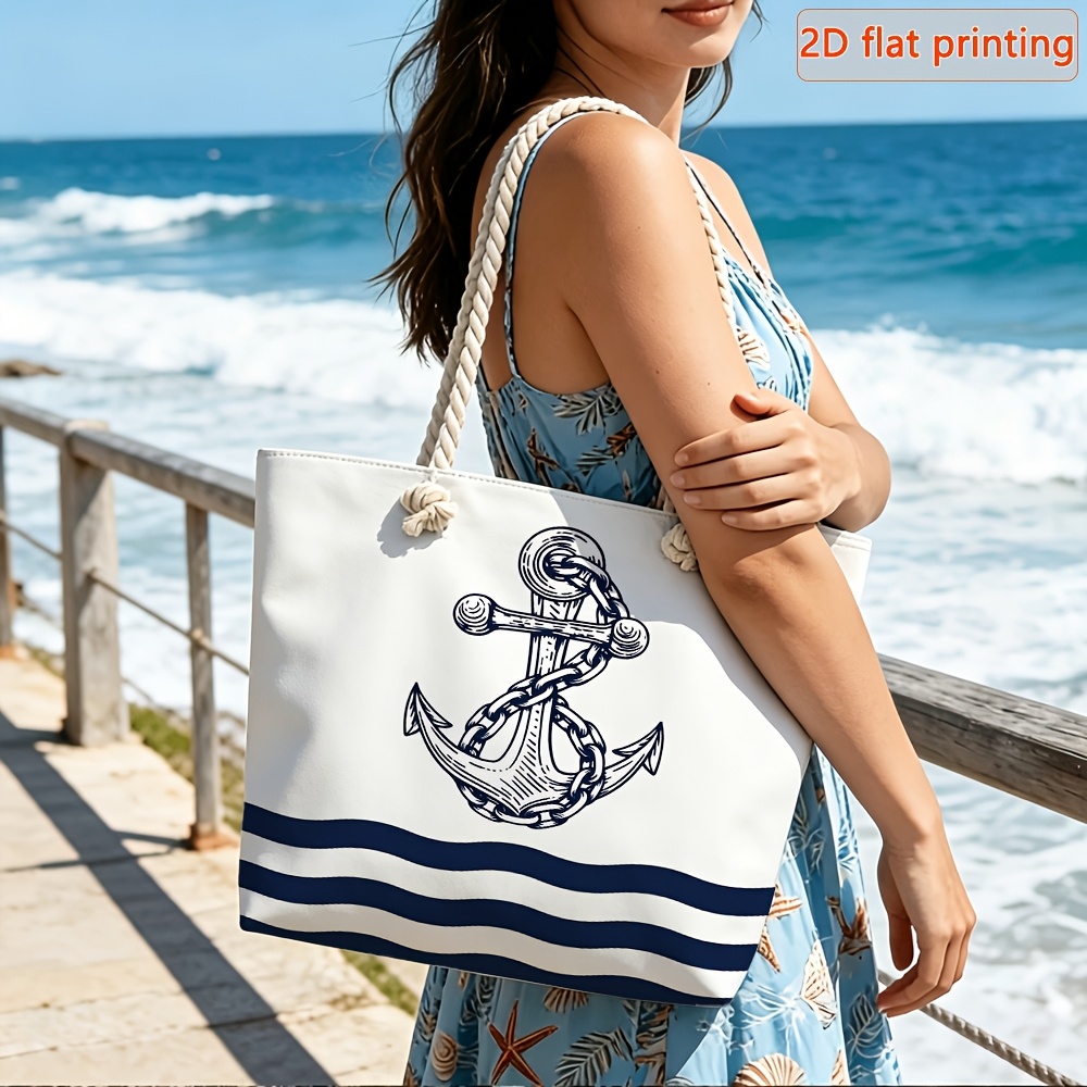 TEMU 1pc 2d Flat Women's Large Capacity Travel Tote Bag, Vintage Anchor - Fiber Beach Bag, Double Comfortable Handles And Removable Strap, Zipper