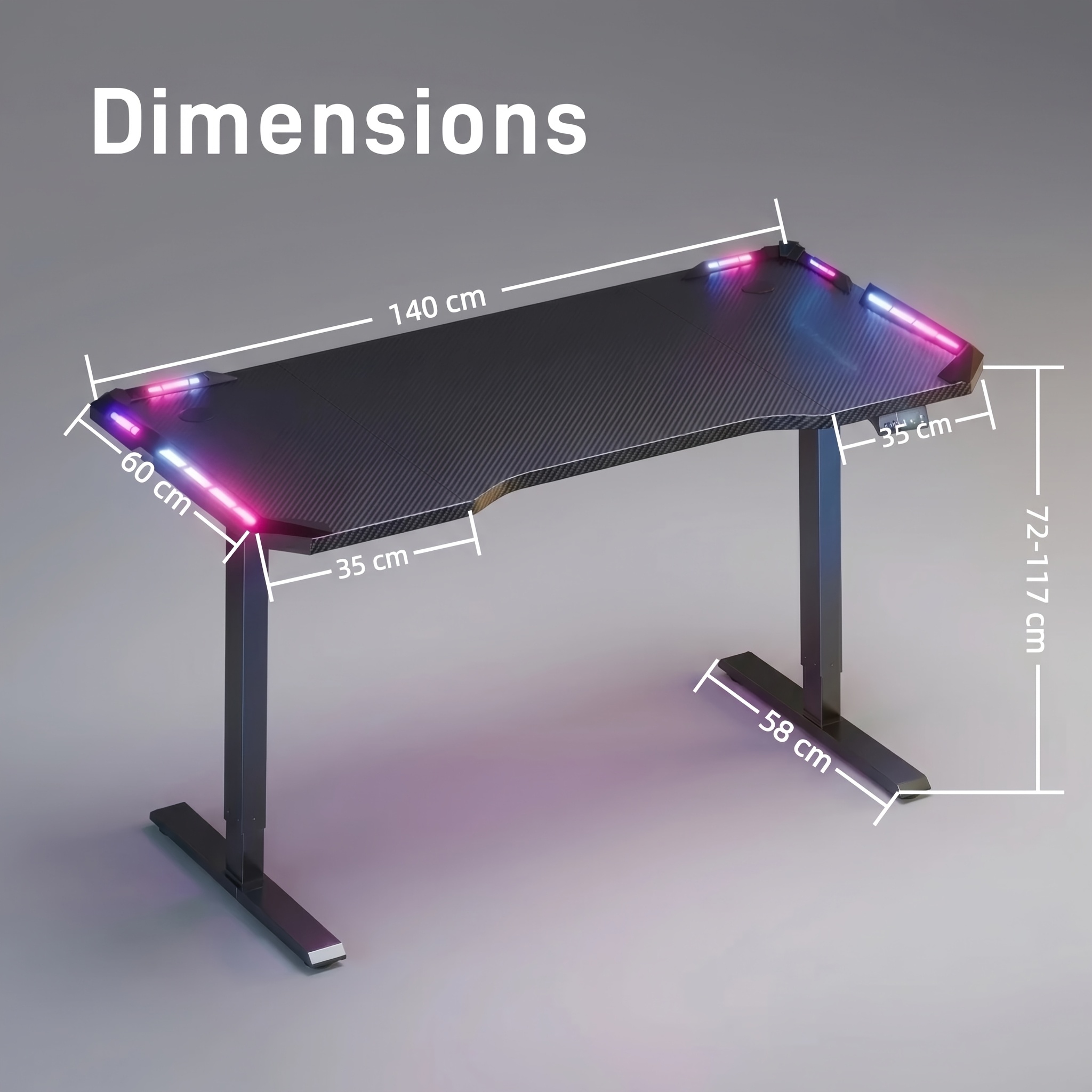 Electric Standing Desk With Led Lights, Ergonomic Gaming Table With Functional Memory, Gaming Computer Desk With Carbon Fiber Texture For Home, High-quality Mute Motor, Black, 3 Sizes Avaliable