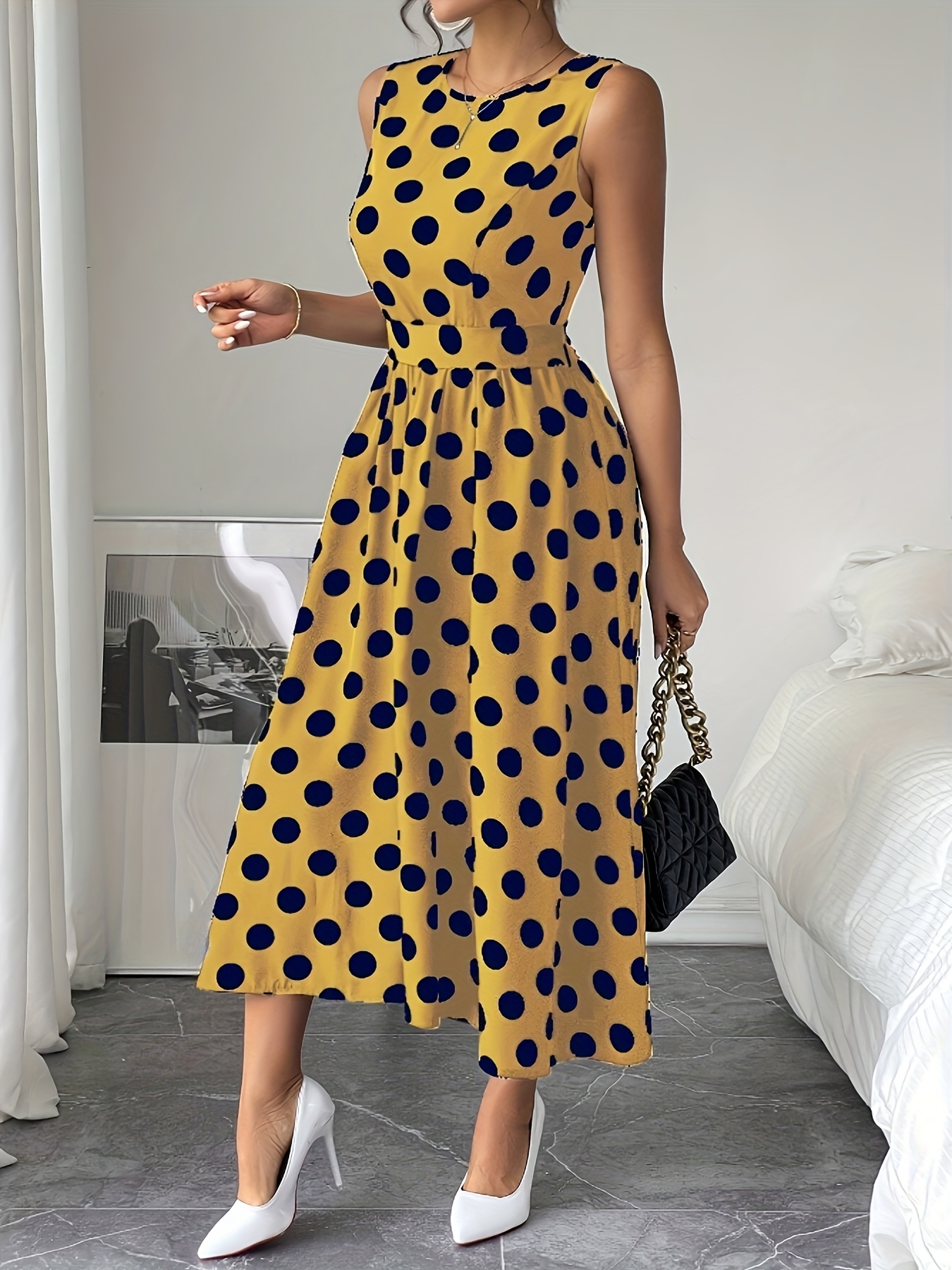 green emerald velvet dress Polka Dot Long-Sleeved Flared Dress US 10