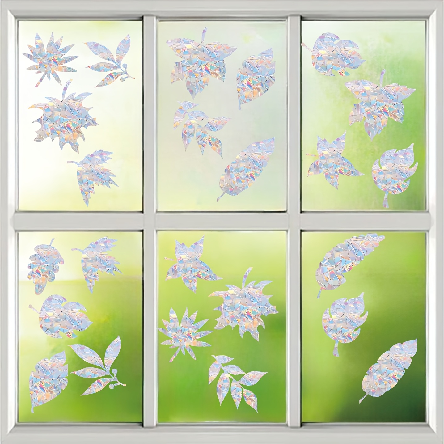 Image of Set Of 26 Leaf-shaped Window Stickers Designed To Prevent Birds From Into Glass, Made From Non-adhesive Prismatic Vinyl, Featuring Rainbow Designs