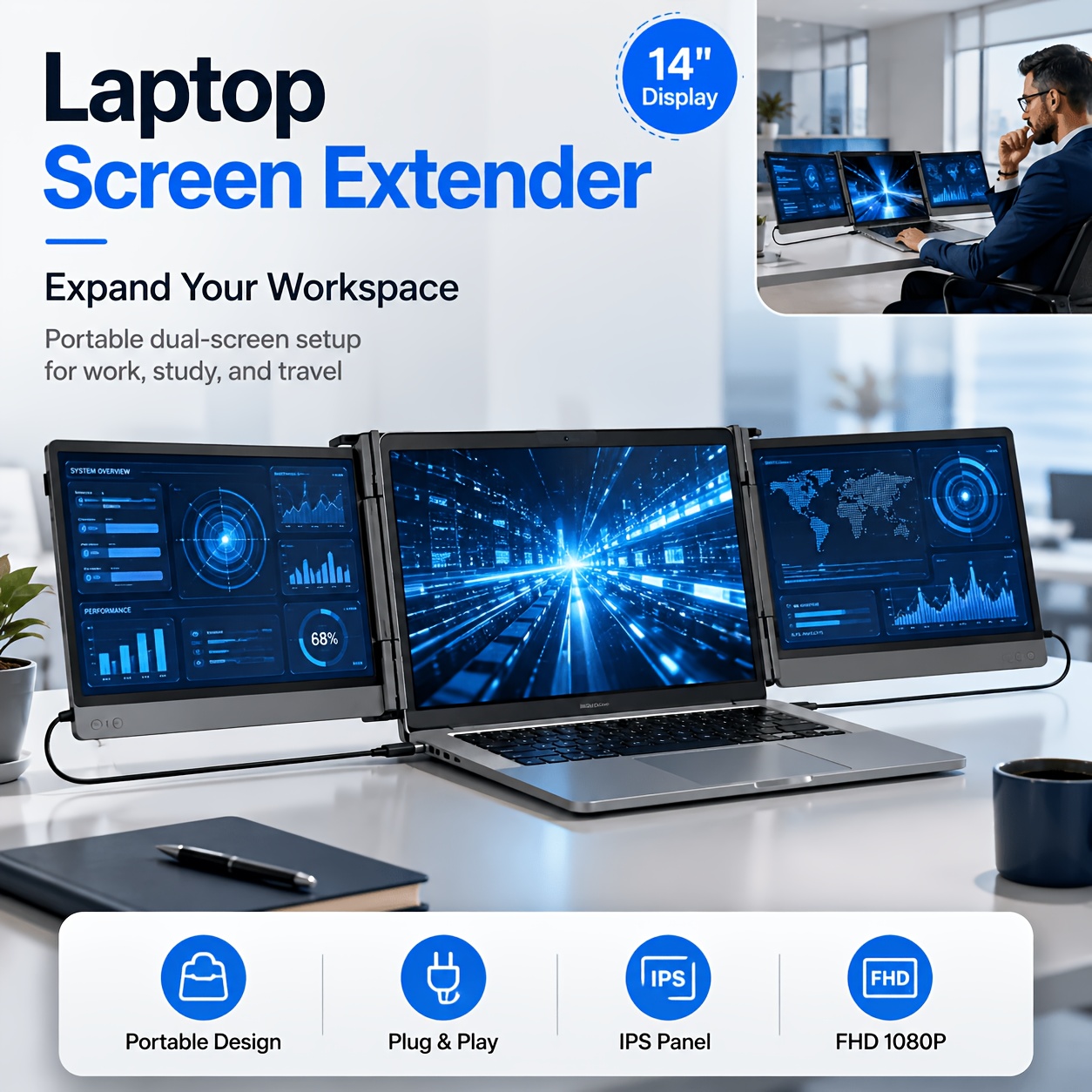 TEMU Portable Laptop Screen Monitor Extender Monitor, Dual Screen Upgrade Display, 14" Ips 1080p Fhd With Speaker And Speaker, Plug And Play Fits 13