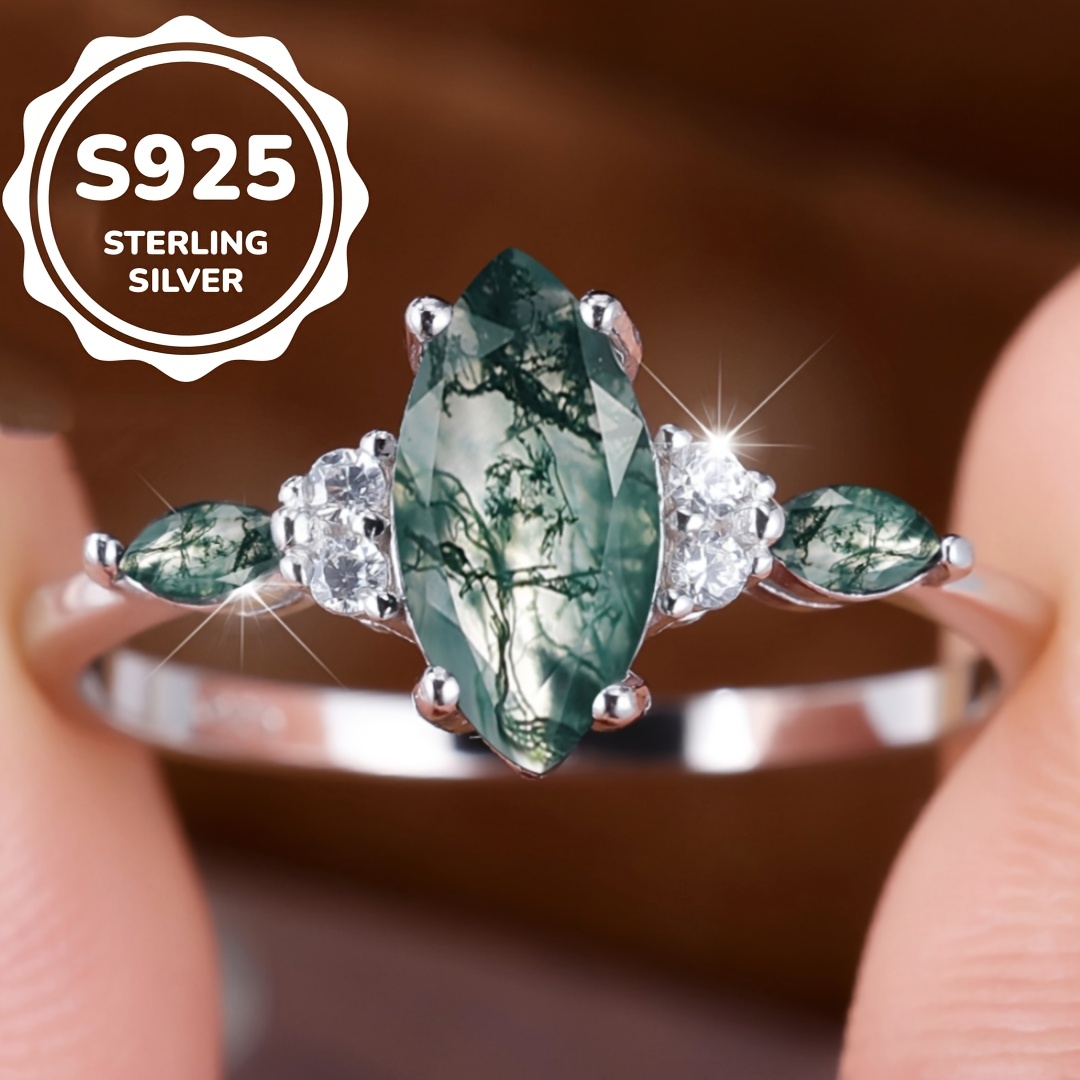 

1pc Vintage Style 925 Sterling Silver Marquise Cut Moss Agate Ring For Women, Luxurious Gift With Box, Silver Plated, All Jewelry