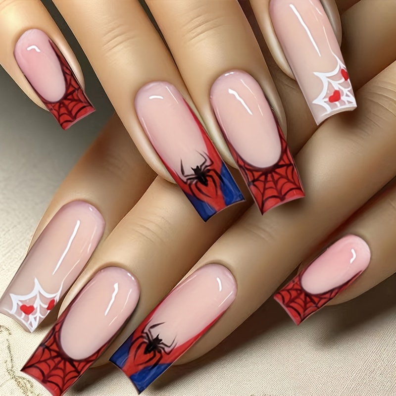 

24pcs Spider Pattern Press-on Nails Set, Long Ballet Nails, Mixed French Tip, , Animal Design, Jelly Glue & Nail File Included For Women And Girls, And Parties