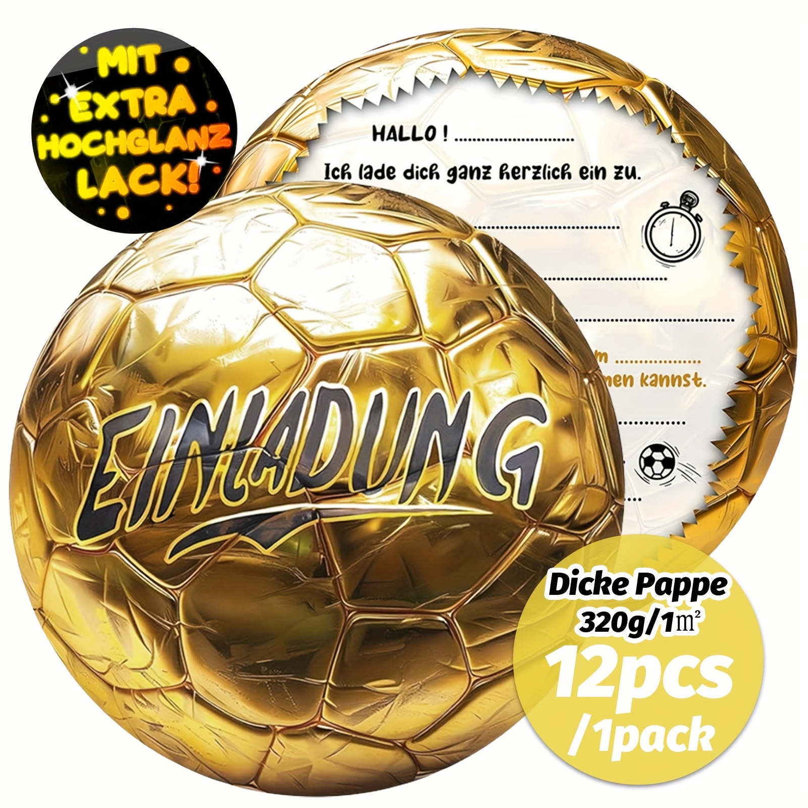 E-shop 12 Stück Goldene Glänzende Fußball-Einladungskarten Geburtstag Herren und Damen Sport-Fußball-Themenparty Einladungen Dicker Karton 320g/1