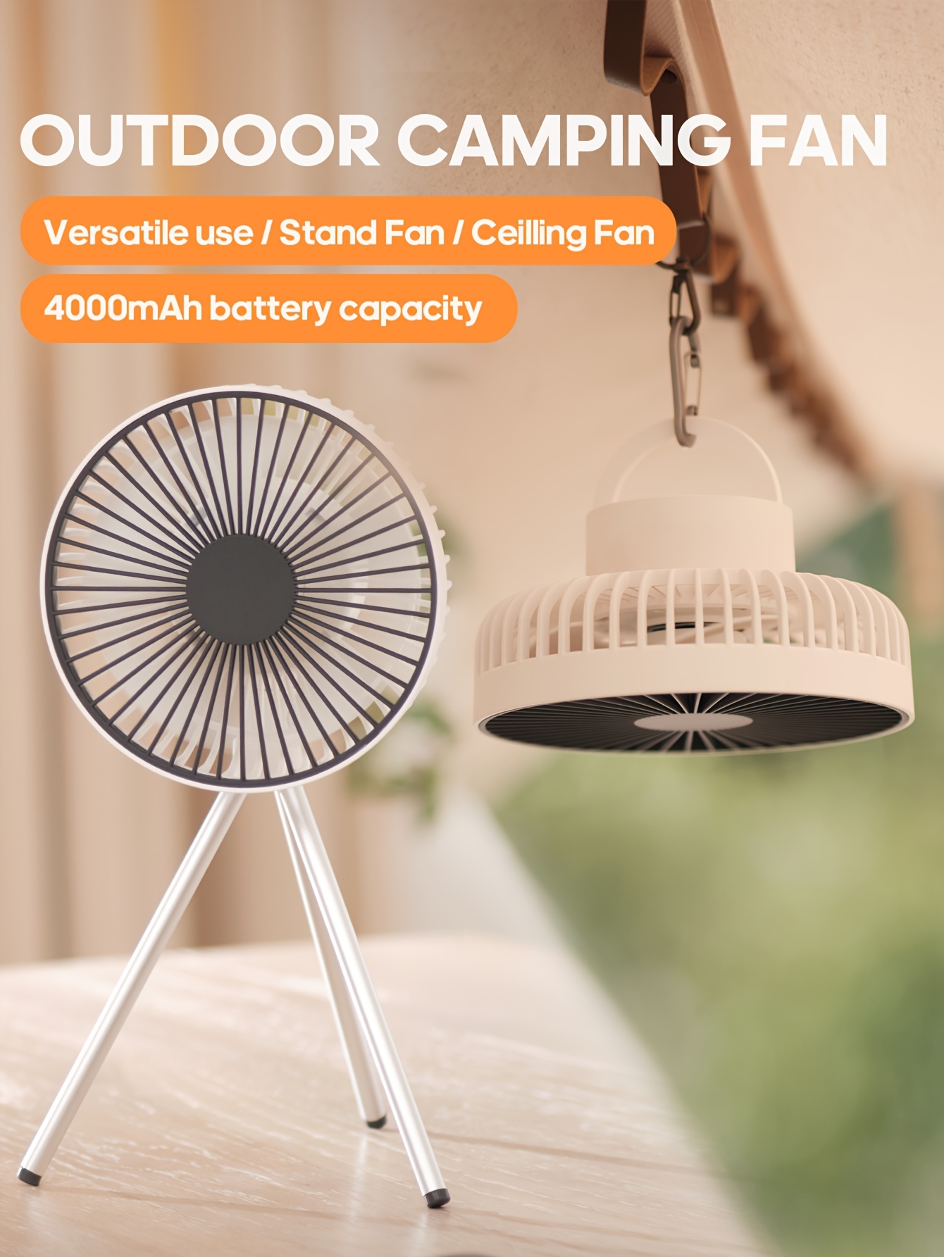 Summer essentials portable outdoor camping fan 4000mAh rechargeable tripod fan suitable for outdoor office desktop with timer built-in hook for hanging three-speed wind multifunctional personal fan