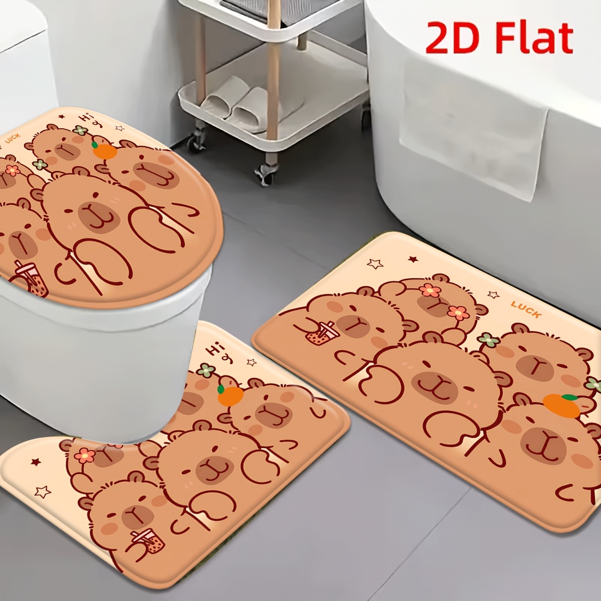 TEMU 2d Flat 3pcs Cute Capybara Flannel Non-slip Toilet Mat Set Soft Absorbent Bath Rug For Bathroom, Entrance, Bedroom, Living Room; Bedside,