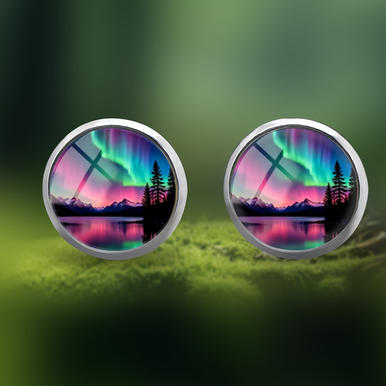 Image of 1 Pair Of Light-absorbing, Aurora- Landscape Pattern Earrings With Convex Glass And Steel Ear Posts. Yet Is Suitable For Women' Gift- And Jewelry Wear. This Elegant And Minimalist Style