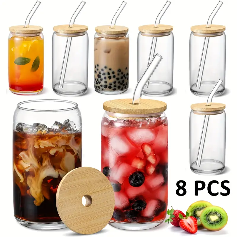 8 glass cup with bamboo lids and straws jar shaped glass cup iced coffee cup family birthday party drinking utensils cleaning brushes included suitable for juice drinks tea milk glass cups gift sets Product details 0