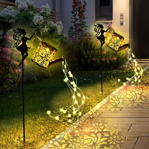 solar fairy waterfall lights metal kettle garden decor with led flowing string ligh patio lawn outdoor solar stake lamp ipx44 patio pathway lawn yard decoration lighting