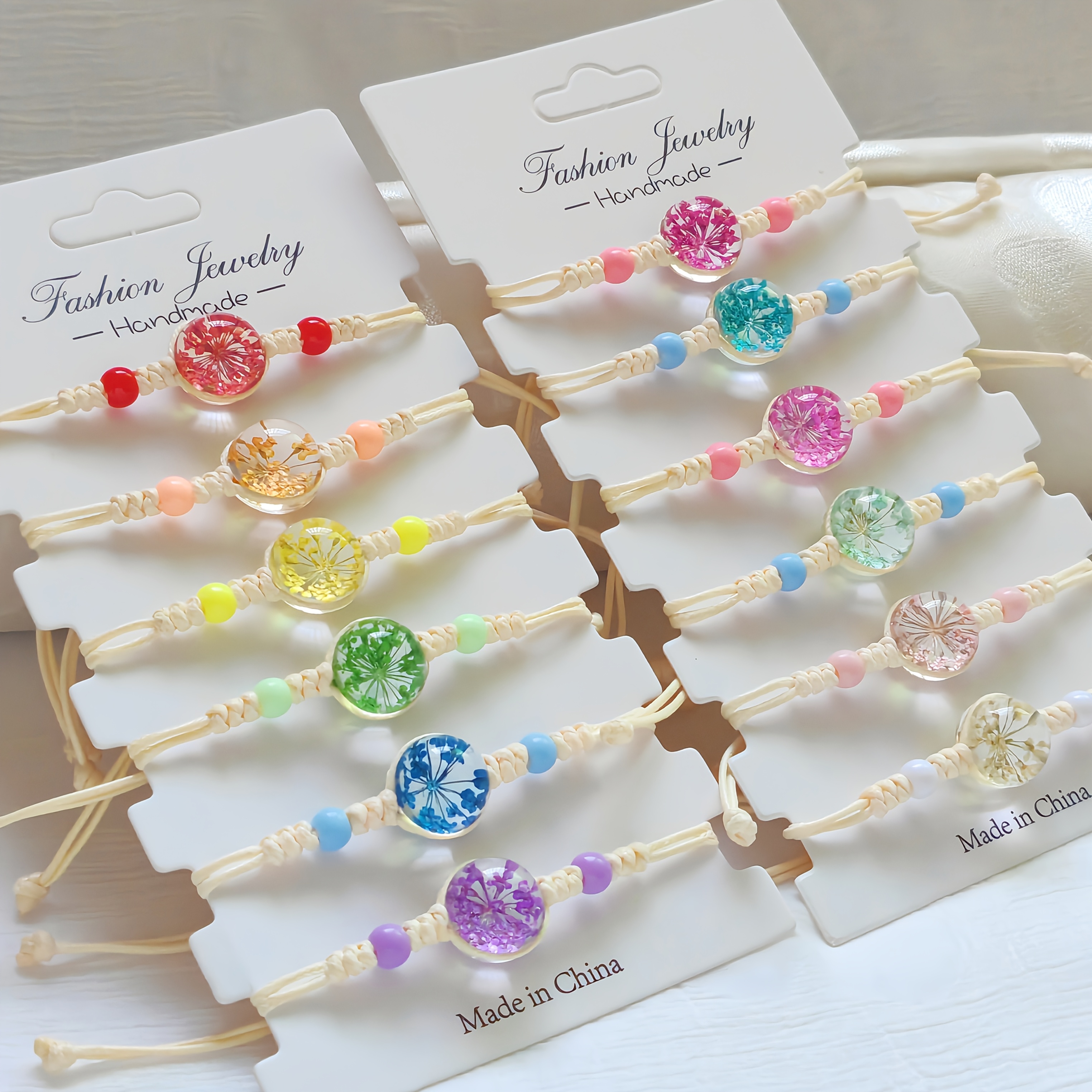 Image of 12pcs Bohemian Floral Bracelet Set | Hand-woven 14mm Glass Beads, Adjustable Waterproof Beach Jewelry, Perfect Christmas Or Holiday Gift, Beach Additions