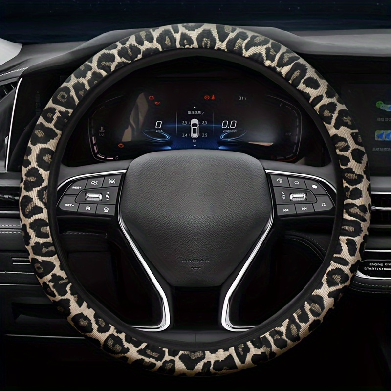 TEMU Universal Fit Leopard Print Steering Wheel Cover, Polyester Fiber, Slip-resistant, Breathable, Elastic, Easy Installation For All Cars, Suvs - Without Inner Circle