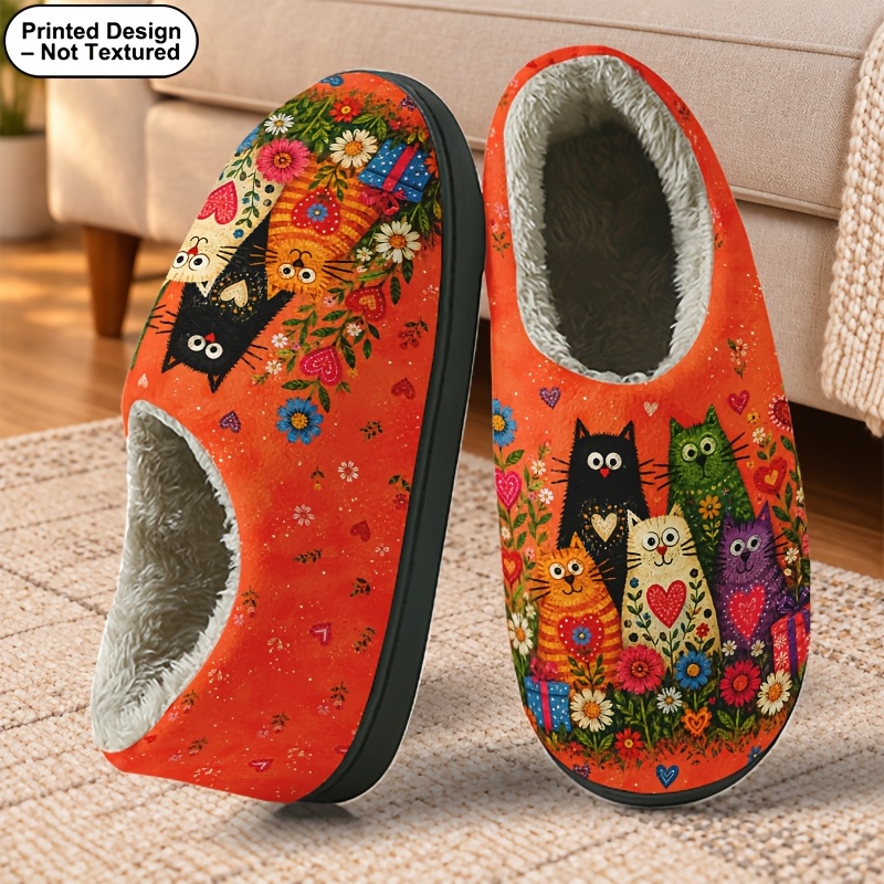 TEMU [Diseño Estampado - No Texturizado] Pantuflas para el Hogar con Estampado de Gato Estilo Folk para Mujer y Hombre, Zapatos Unisex Cálidos de