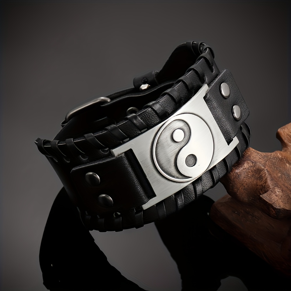 E-shop 1 Stück Vintage Herren Leder Gewebter Armband mit einem breiten Yin-Yang Muster für Herren.