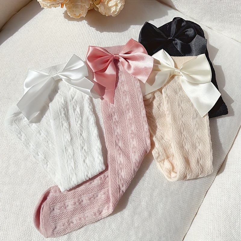 

4 Pairs Of Kid's Fashion Bow Design Loose Crew Socks, Comfy & Breathable Soft & Elastic Thin Mesh Socks For Spring And Summer