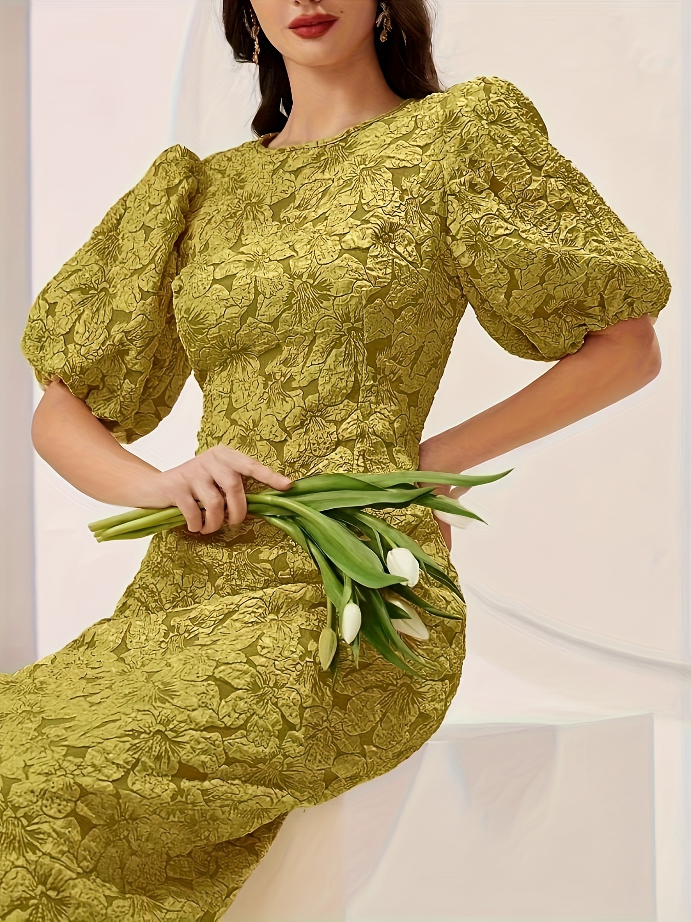 elegant women's puff sleeve jacquard dress crew neck color