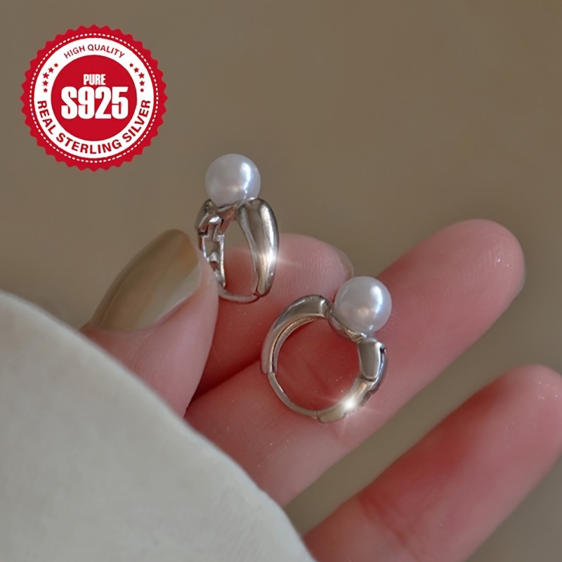 

925 Sterling Silver Women's Elegant Vintage Shell Pearl Decor Hoop Earrings, 2.9g/0.1oz, Minimalist Classic Design Suitable For Daily Wearing