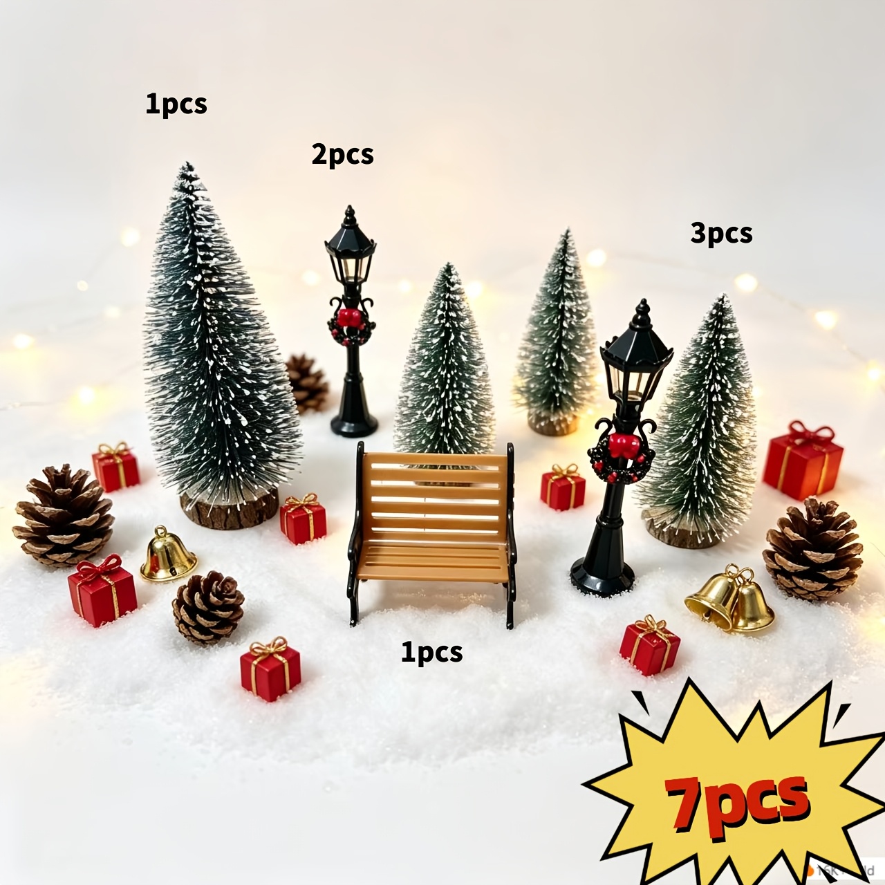 TEMU Ensemble combiné de 7 pièces, comprenant un sapin de Noël, des lampadaires et des . Très adapté pour la décoration de scène de Noël, la création
