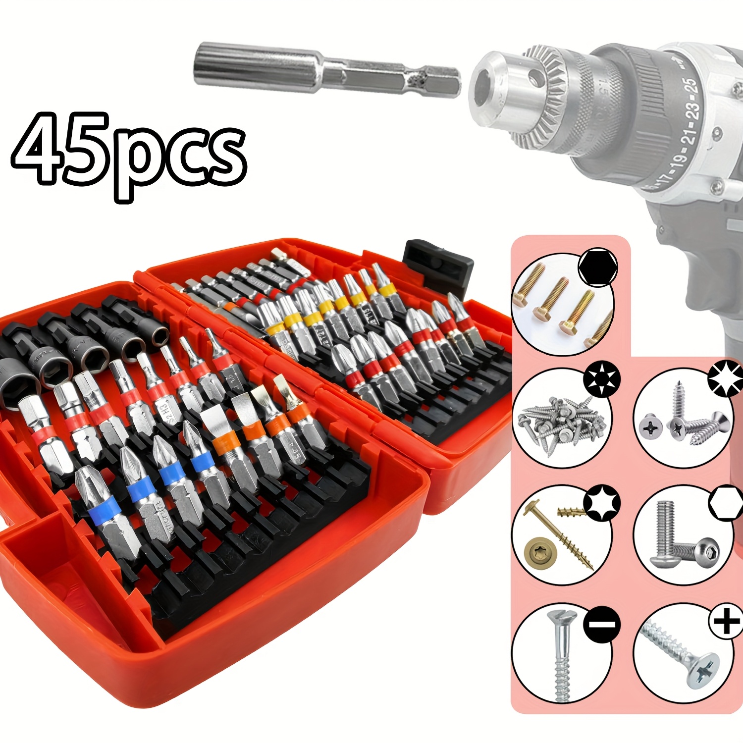 TEMU 45pcs Multifunctional Repair Screwdriver Bit Set, Magnetic S2 Steel /flat/square/torx Impact Screwdriver Bits With Red Storage Case, S2 Material