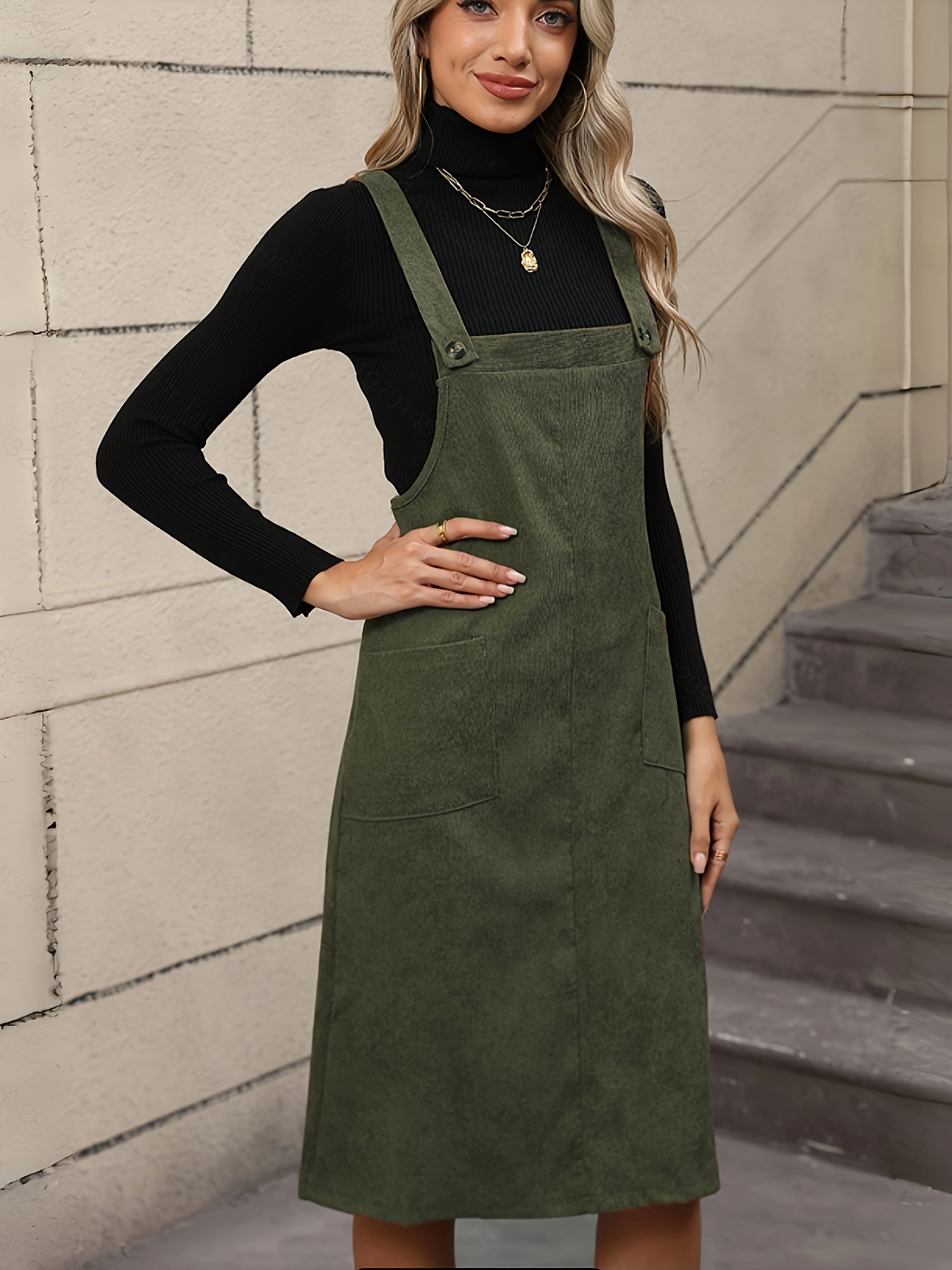slim fit dress slacks Womens Green Solid Corduroy Overall Dress With Front Pockets Green / M main image 0