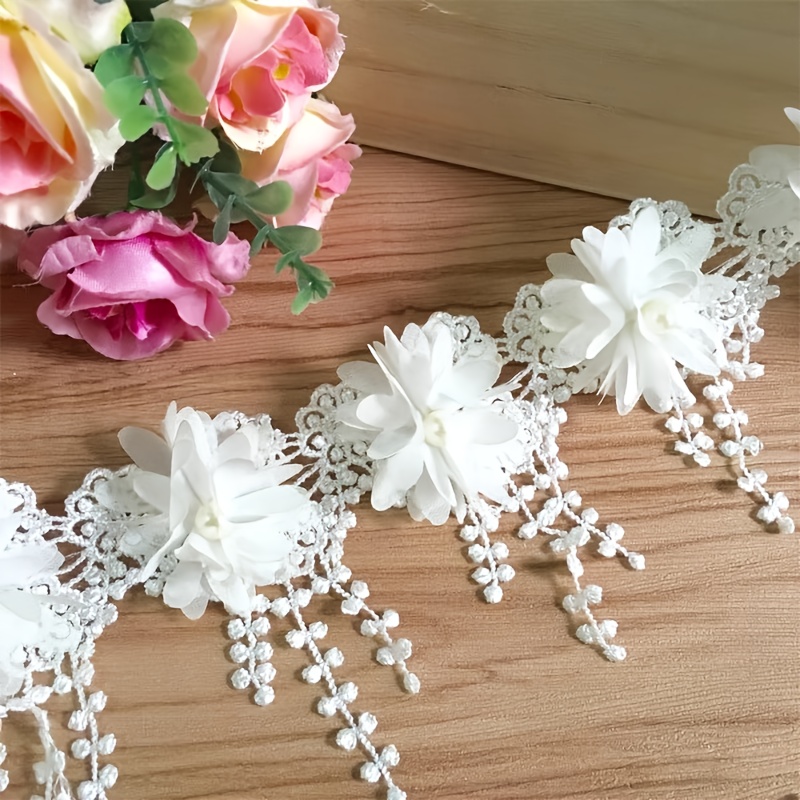 E-shop 1 Yard Mehrfarbiger 3D Chiffon Rosen-Spitzenstoff mit Perlenperlen für DIY Hochzeitsbasteln, 8 cm Breite