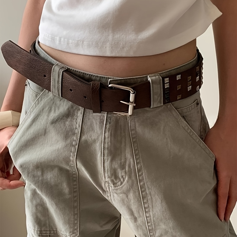Unisex Distressed Brown Rivet Belt for Hip-Hop Style