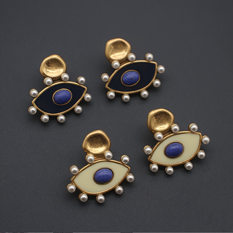 

Vintage Evil Eye Enamel Stone Earrings, 22k Golden Plated With Pearl, 925 Sterling Silver Post, Alloy , Mardi Gras Day Jewelry For Daily & Party