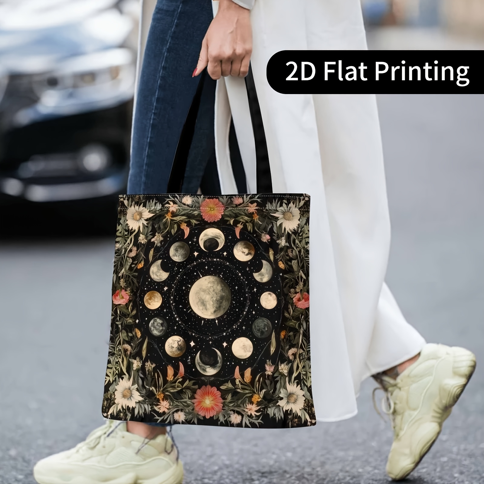 TEMU Adorable Tote Bag Featuring Moon Phases, Floral Designs, And Celestial Art. Perfect For Outdoor Shopping, Gatherings, And Holiday Events. A
