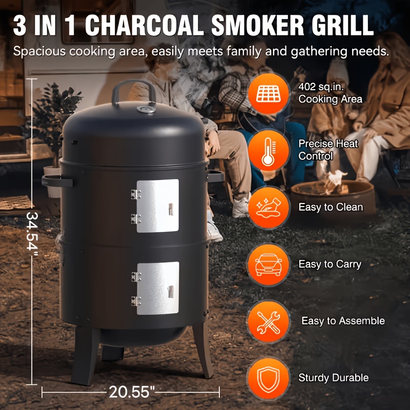 Vertical Charcoal Smoker Grill - 17-Inch 3-Tiers, Portable Zinc Alloy BBQ Grill with Temperature Control, 3 Cooking Levels & Griddle Top, Includes Handles Grates & Tongs, for Camping Backyard Outdoor Cooking, Compact Design, Durable Construction