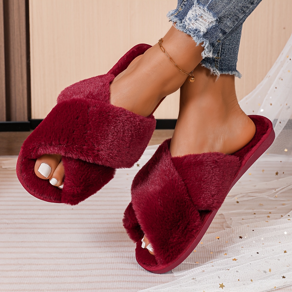 Women'S Fur Slippers Soft Sole, Non-Slip, Warm Indoor House Shoes in  Burgundy, Minimalist Style for Fall Footwear|Minimalist Style|Soft Sole 