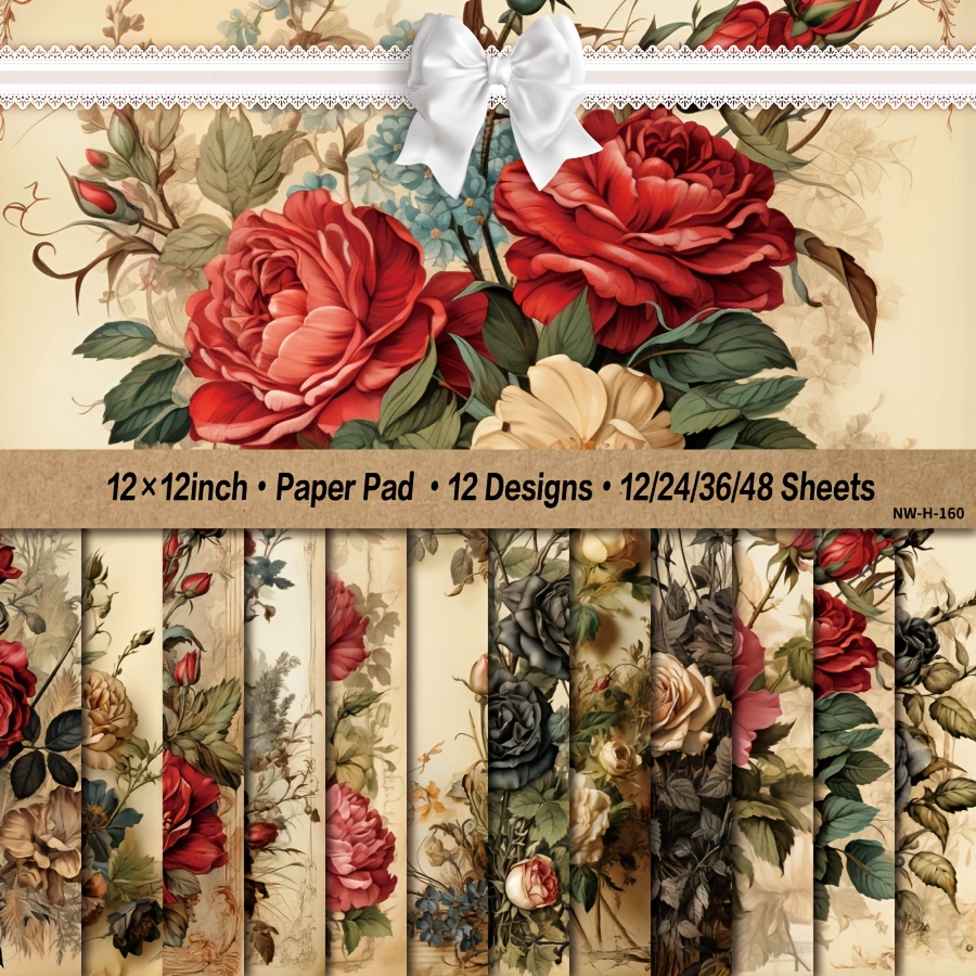 

12/24/36/48 Sheets Vintage Floral Paper Pad, 12x12 Inch, Decorative Flower Craft Cardstock, Diy Scrapbooking Card Making Supplies