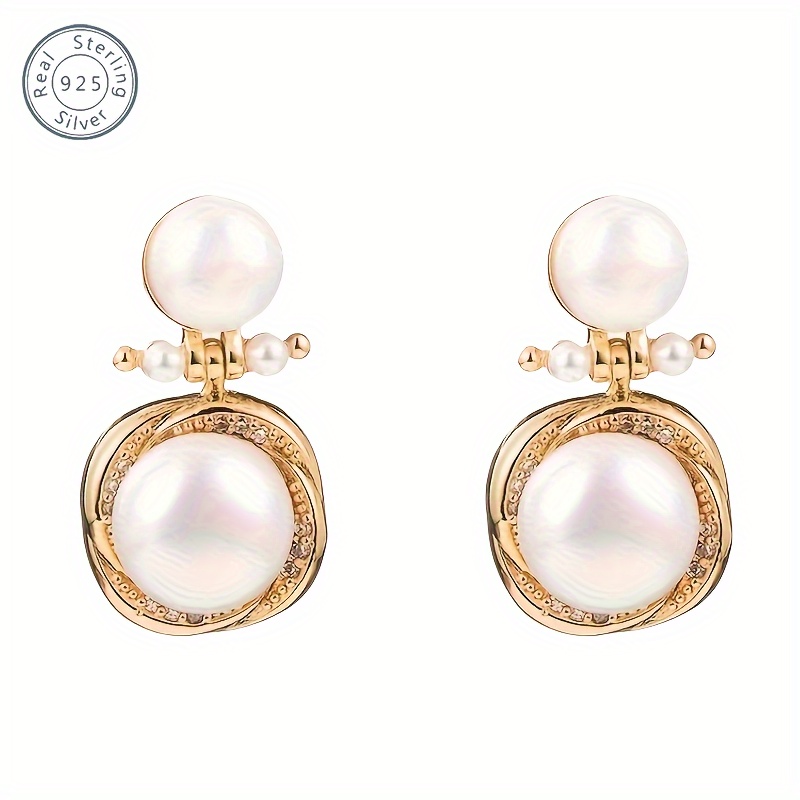 

1 Pair, Elegant & Classic Style, Vintage Oval Freshwater Pearl Drop Studs, Match Golden Square Earrings, Fashion Delicate Accessory For Daily Wear & Wedding, Idea Gift For Ladies, Include Box