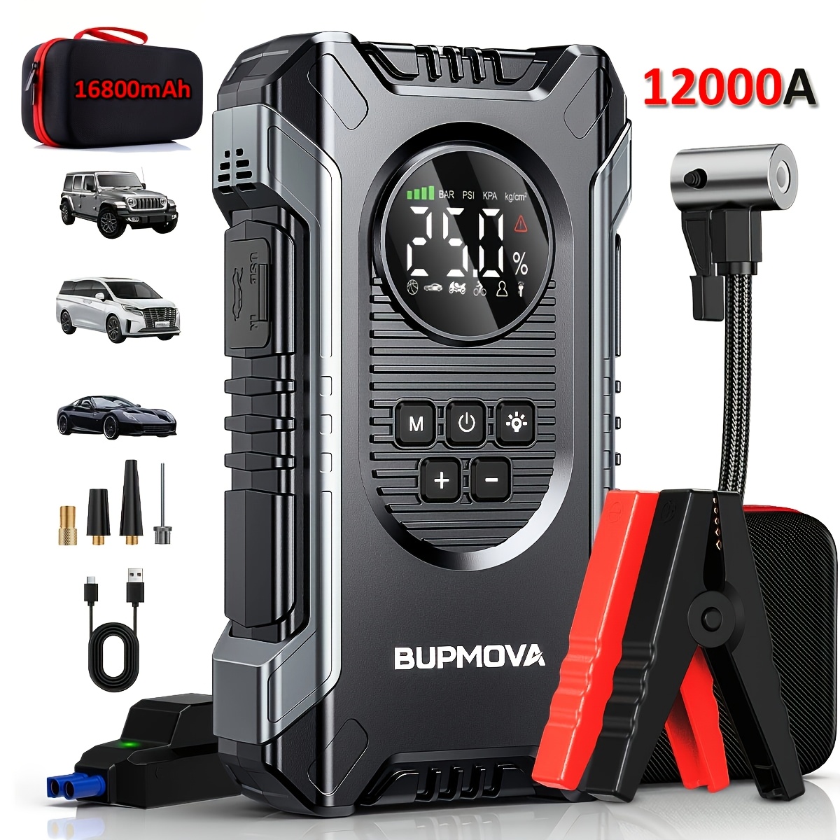 Image of Car Jump Starter With Air Compressor Cordless Tire Inflator, Car Battery Booster With Power Bank & Led Flashlights, 12v Auto Jumper Gas Or 10.0l Vehicles With Portable Carry Case, With 10 Protection
