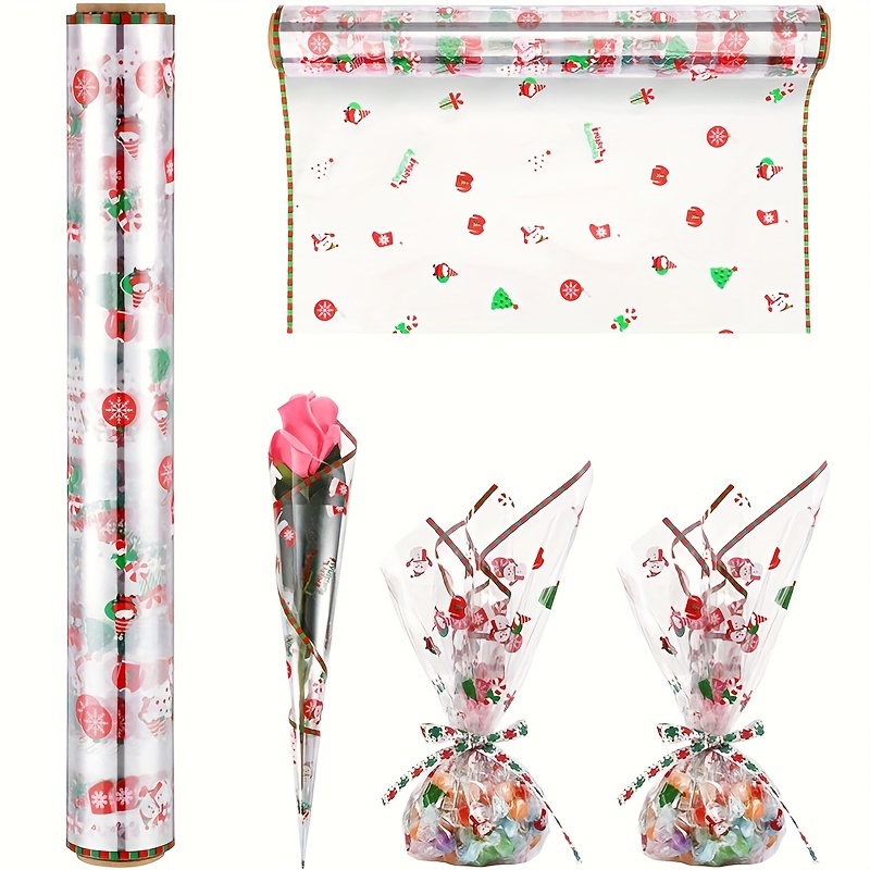 

10m Clear Plastic Wrapping Paper Roll With Christmas Snowflakes, Santa, & Snowman Designs For Gifts, Transparent Gift Wrap - Yuletide Home & Party Decor, Floral Packaging - 1pc