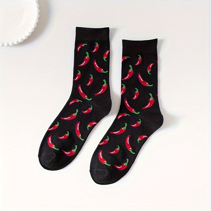Image of 1 Pair Of Women's Mid-calf Pepper Print Socks, Retro College Style Black Athletic Socks